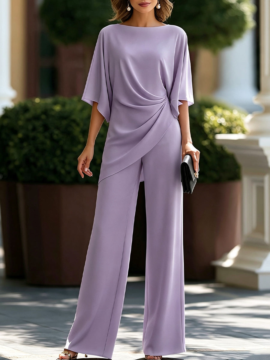 Serena Set Blusa Drappeggiata e Pantaloni Larghi Lavanda
