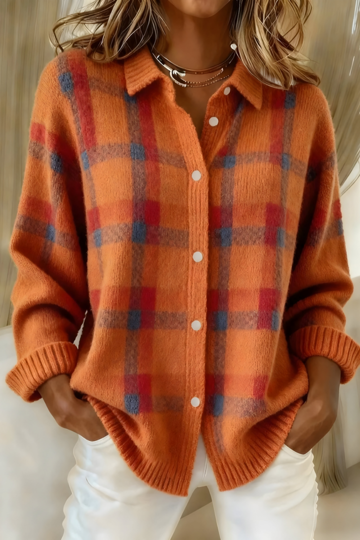 Cardigan a Maglia con Motivo Plaid