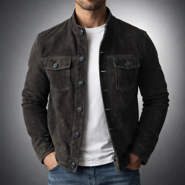 Leonardo Giacca in Vera Pelle Scamosciata Nero