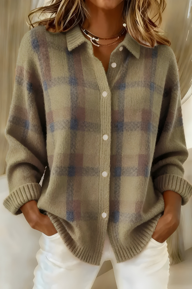 Cardigan a Maglia con Motivo Plaid