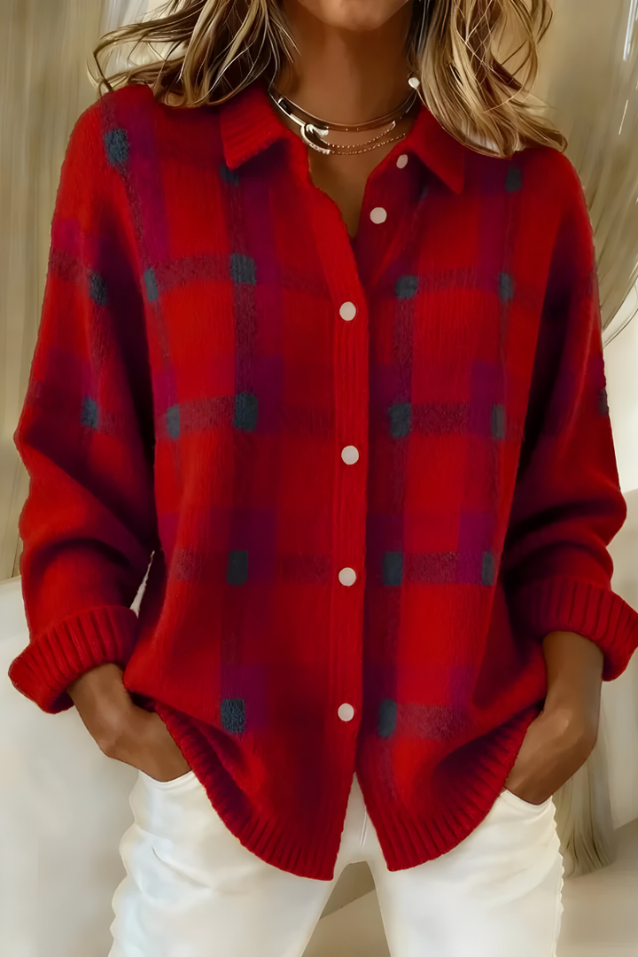 Cardigan a Maglia con Motivo Plaid