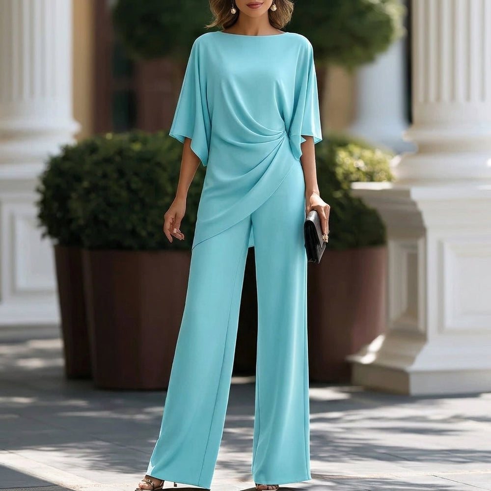 Serena Set Blusa Drappeggiata e Pantaloni Larghi Blu Cielo