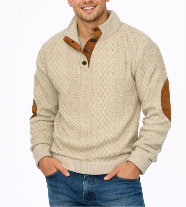 Enzo Maglione a Trecce con Toppe ai Gomiti Beige