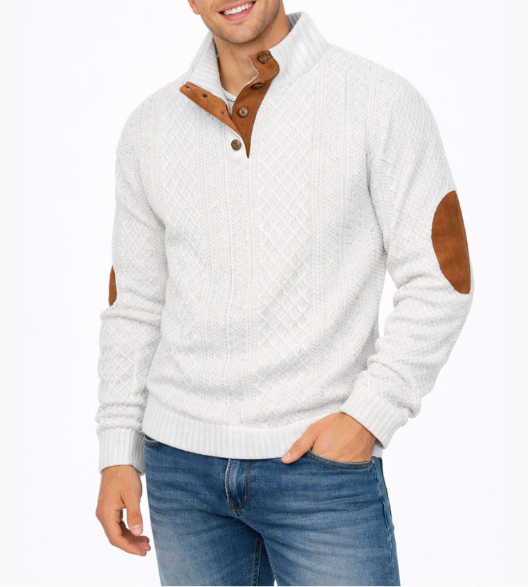 Enzo Maglione a Trecce con Toppe ai Gomiti Bianco