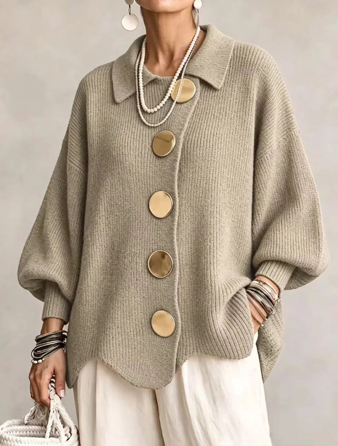 Isabella Cardigan Oversize con Colletto Kaki