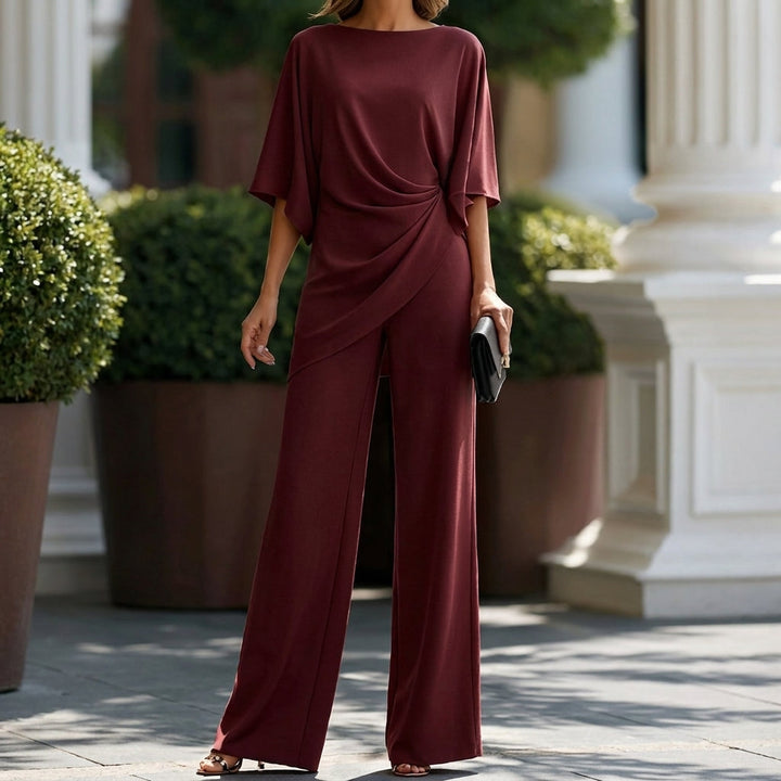 Serena Set Blusa Drappeggiata e Pantaloni Larghi Bordeaux